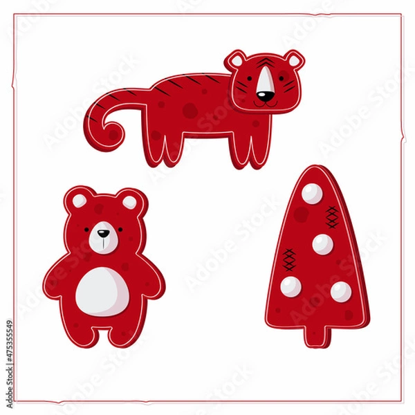 Fototapeta Christmas card with Christmas toys Christmas tree, bear, tiger. Red and white flat vector illustration isolated on white background.