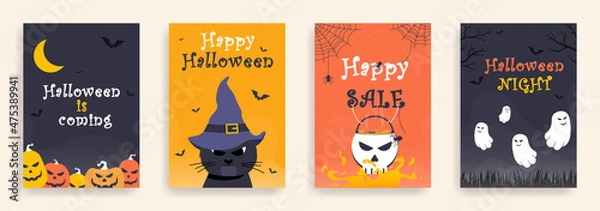 Obraz Happy Halloween party posters set. Place for text. Cute black cat in a witch hat. Scary pumpkin and spiders web. Ghost. A4 Vector illustration for poster, banner, special offer, invitation.