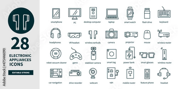 Obraz デジタルガジェットの線画アイコンベクターイラストセット　線の太さや色など編集可能です