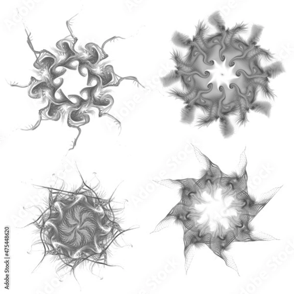 Fototapeta Set of four black snowflakes on a white background. Abstract computer generated fractal image of a snowflake. Illustration, isolate. Use as a stamp or brush