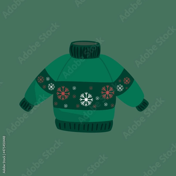 Fototapeta Ugly christmas sweater. Knitted jumpers with winter patterns, snowflakes and deer.