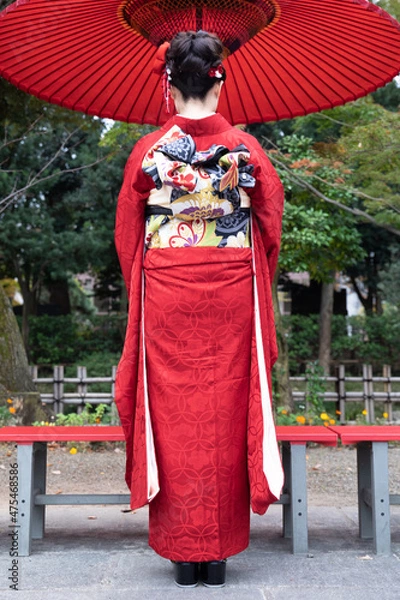 Fototapeta 成人式　振袖　和服　和傘　帯　つまみ細工
