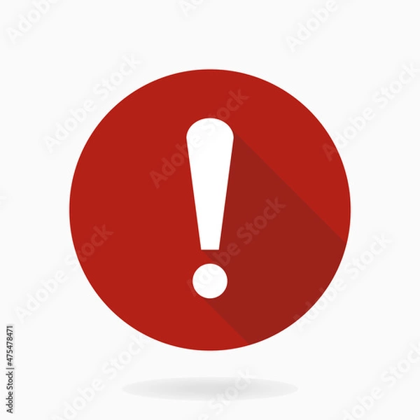 Fototapeta White vector exclamation flat icon in red circle. Flat design and long shadow