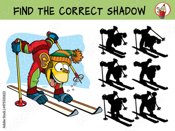 Obraz Funny monkey skiing. Find the correct shadow
