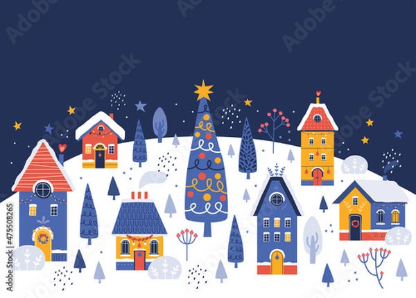 Obraz Happy New Year and Merry Christmas. Night holiday town on background a snowy winter landscape. Hand drawn illustration of Christmas tree, city, houses, streets. Horizontal holiday banner, card, poster