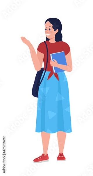 Fototapeta Smiling college student semi flat color vector character. Standing figure. Full body person on white. Highschooler isolated modern cartoon style illustration for graphic design and animation