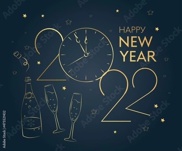 Fototapeta Happy new year 2022 golden numbers typography greeting card design on dark background. Christmas invitation poster with golden glittering number