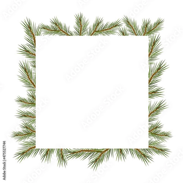 Fototapeta Christmas frame made of pine branches. Square frame framed by fir branches. Vector illustration. Template for postcard, banner, flyer. Festive decor. Place for text