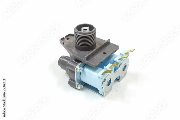 Obraz Close up of washing machine water inlet valve on white background, isolated, Home appliances repair service.