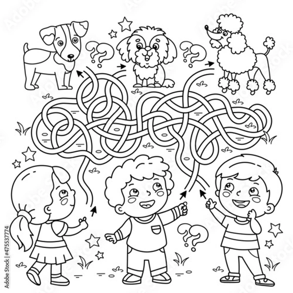 Fototapeta Maze or Labyrinth Game. Puzzle. Tangled road. Coloring Page Outline Of cartoon children with pets. Where is whose dog? Coloring book for kids.