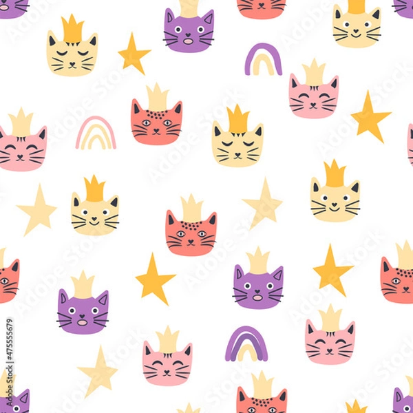 Fototapeta Seamless cat princess pattern. Cute princess cats seamless pattern, little kitty.
