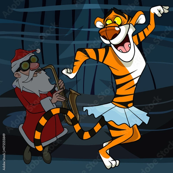 Fototapeta cartoon tiger in a skirt dancing to the music of Santa Claus on a saxophone