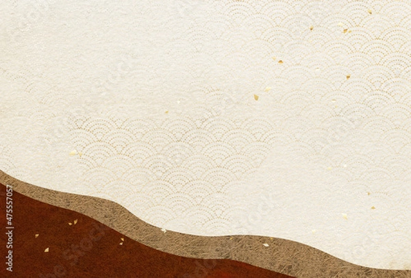 Fototapeta  和紙テクスチャ　 青海波　暗赤色とゴールドの波模様　金箔散らし　シックな和風背景素材　ハガキ比率