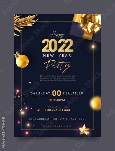 Fototapeta Happy New Year party invitation flyer poster or web banner template with black background and gold text