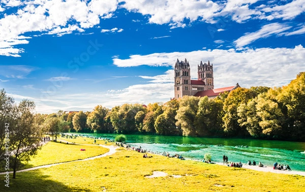 Obraz View on summer landscape by St. Maximilian church and Isar in Munich