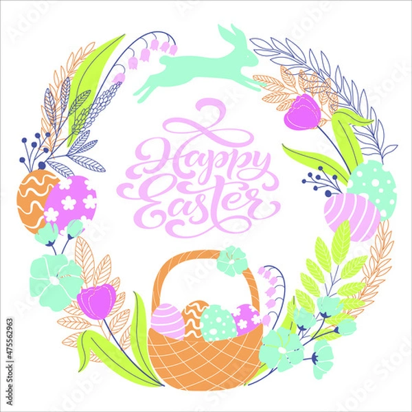 Obraz Happy Easter greeting card with hand drawn spring plants, eggs and bunny in pastel colors