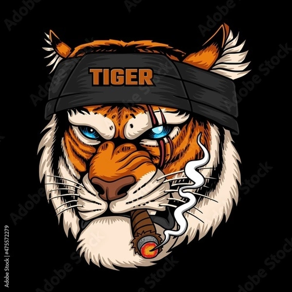 Obraz Tiger head wearing bandana while smoking vector illustration