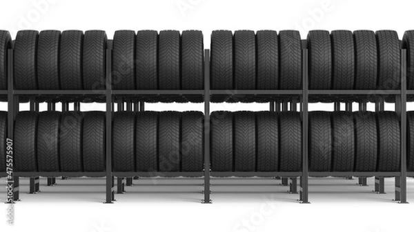Obraz Car tires on rack. Car tires on rack. 3d illustration.