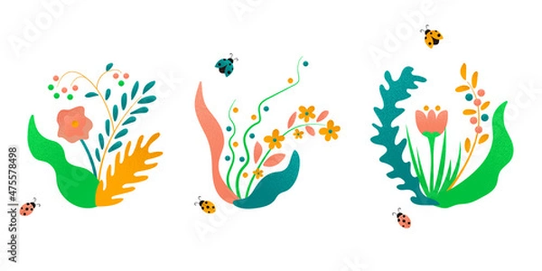 Fototapeta Set of abstract bright spring flowers with twigs, bugs and leaves. Grain effect, hand draw flat elements. Cartoon doodle style vector illustration. Tropical design with particle texture