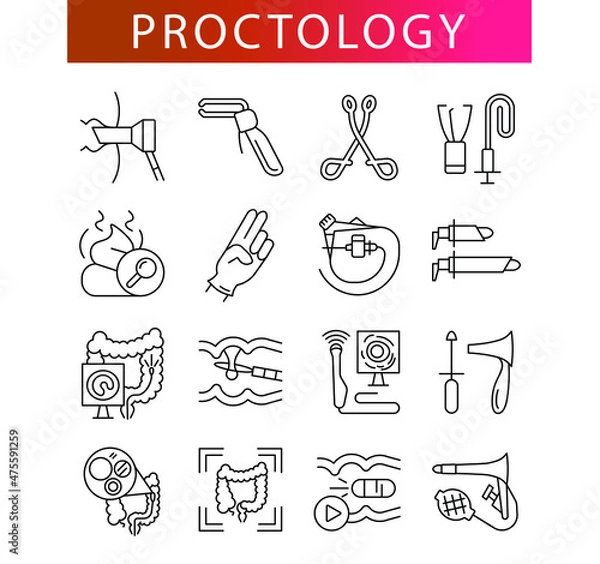 Obraz examination by a proctologist, proctologist's tools, line icon