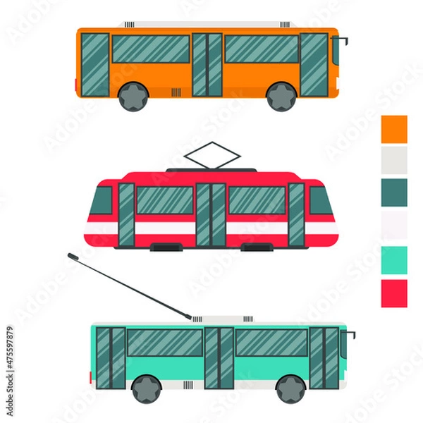 Obraz Set public transport. Bus, tram, trolleybus isolated on a white background. Color scheme