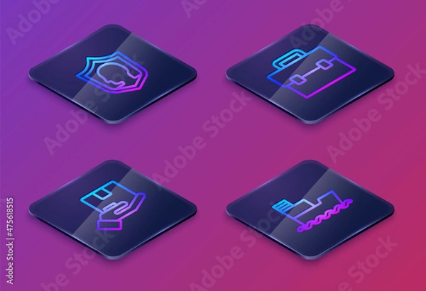 Fototapeta Set Isometric line Life insurance with shield, Delivery, Briefcase and Ship. Blue square button. Vector