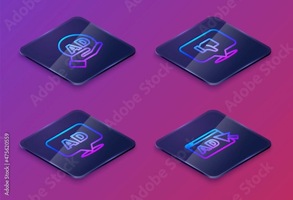 Fototapeta Set Isometric line Advertising, , Dislike speech bubble and . Blue square button. Vector