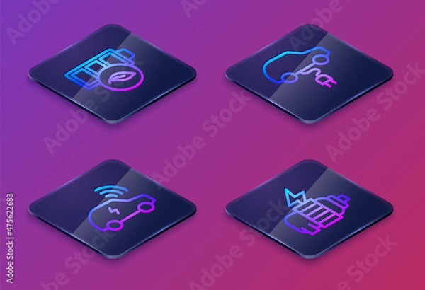 Fototapeta Set Isometric line Eco nature leaf battery, Smart car system, Electric and motor. Blue square button. Vector