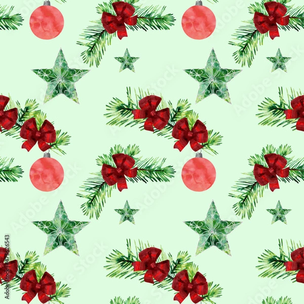 Fototapeta Watercolor light green seamless pattern with fir branches and stars
