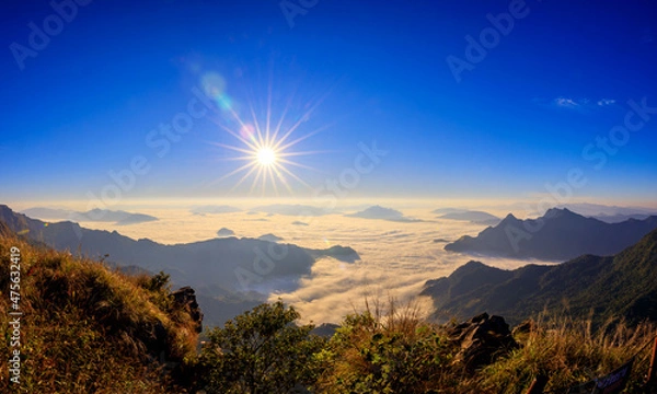 Fototapeta Starlight Sunrise scene with the peak of mountain called Phu Chifa at Chiangrai Thailand with Fog over the city below