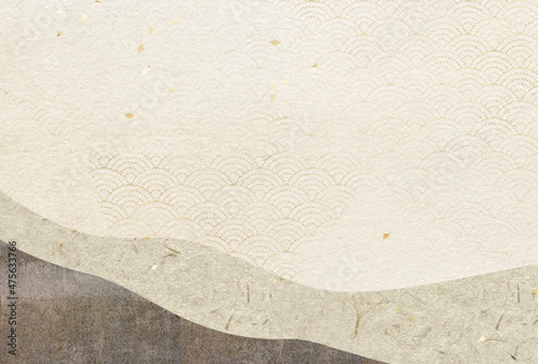 Fototapeta 和紙　銀灰色　青海波　波模様　金箔散らし　ハガキ比率　和風背景素材