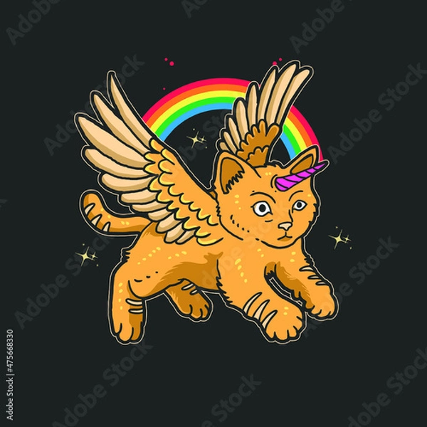 Obraz cute cat flying with rainbow