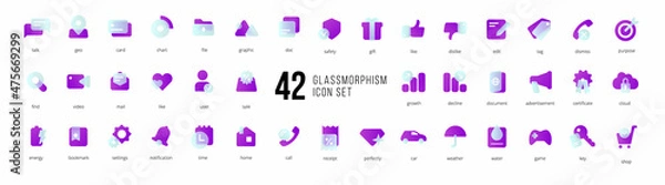 Fototapeta A set of purple vector icons of modern trend in the style of glass morphism with gradient, blur and transparency. The collection includes 42 icons in a single style of business, finance, UX UI