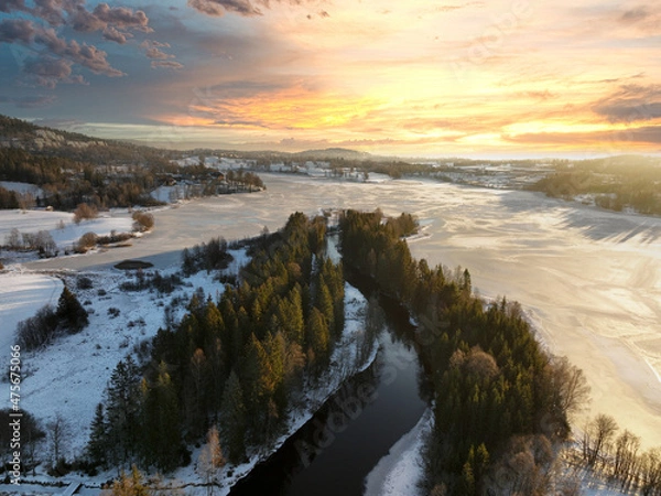 Obraz Sunrise over Oslo, Norway. Shot just outside of the city a winter morning in December. Shot high up in the sky with a drone. DJI Mavic 3
