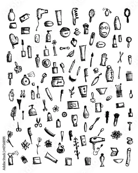 Fototapeta Cosmetics and female accessories, hand drawn sketch