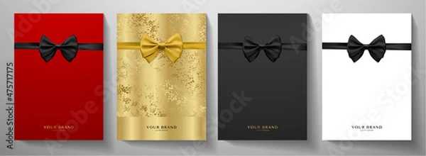 Fototapeta Holiday cover design set. Luxury red, gold, white background with black tie (bow butterfly). Formal premium vector collection template for vip invitation (luxe invite card), gathering, award