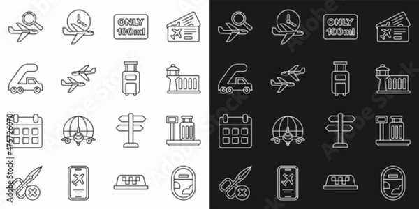 Fototapeta Set line Airplane window, Scale with suitcase, Airport control tower, Liquids carry-on baggage, Plane, Passenger ladder for boarding, search and Suitcase icon. Vector