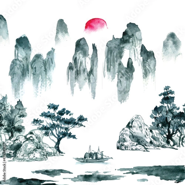 Fototapeta Watercolor painting of the sunset scenery between the middle hills. in oriental Chinese style.