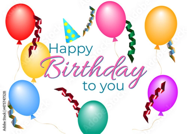 Fototapeta Happy birthday card with colorful balloons and garlands