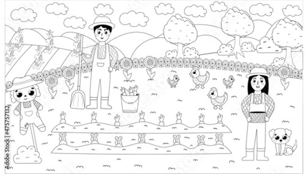Fototapeta Printable black and white coloring page with farmer boy digging and girl holding basket, harvest of carrots and scarecrow, farming themed puzzle for kids