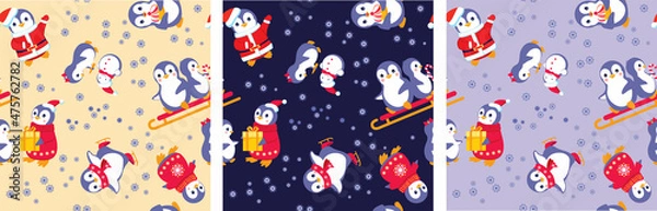 Fototapeta Funny penguins are a set of pictures with festive plots on the theme of Christmas and New Year, winter entertainment. Illustrator vector. Pattern