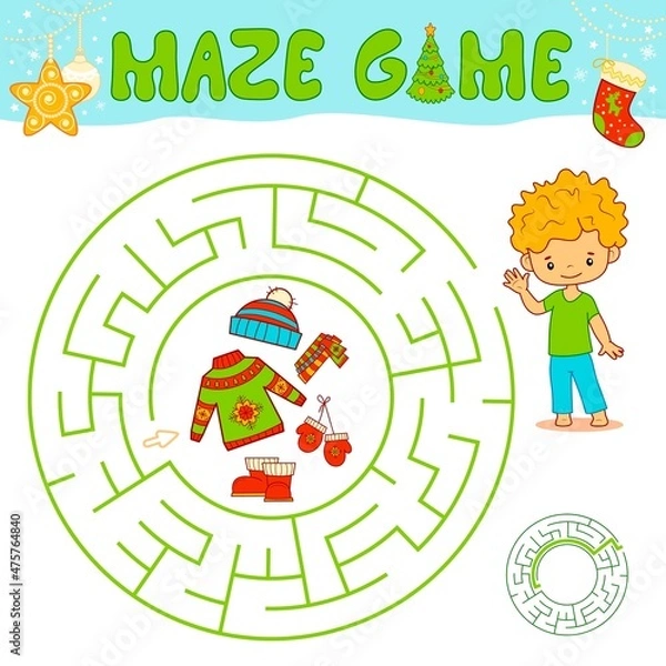 Fototapeta Christmas maze puzzle game for children. Circle maze or labyrinth game with Christmas boy.