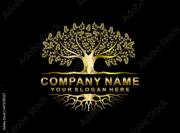 Obraz Tree and roots logo illustration with gold colors. Tree of life logo design inspiration isolated.