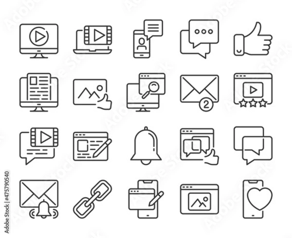 Obraz Social network icons. Blogging and social media line icon set. Editable Stroke.