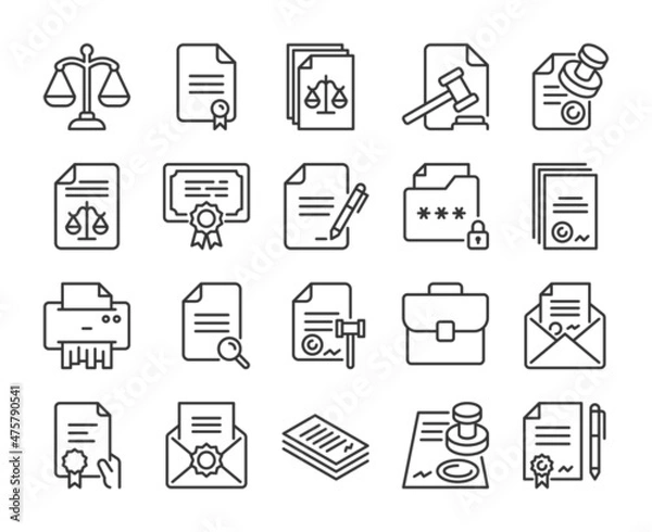 Obraz Legal instrument icons. Legal documents forms and contracts line icon set. Editable Stroke.
