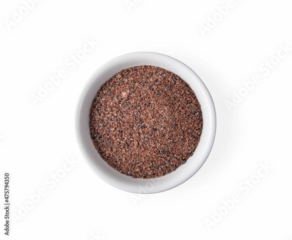 Obraz Himalayan salt in bowl on white background. Top view