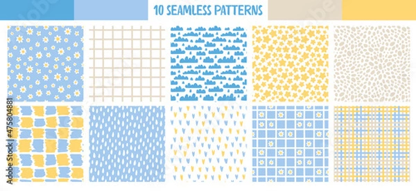 Fototapeta 10 trendy vector seamless patterns. Set of stylish modern background textures. Chamomiles, dots, squares, cells, hearts, clouds, stars and abstract spots. Good for designers.
