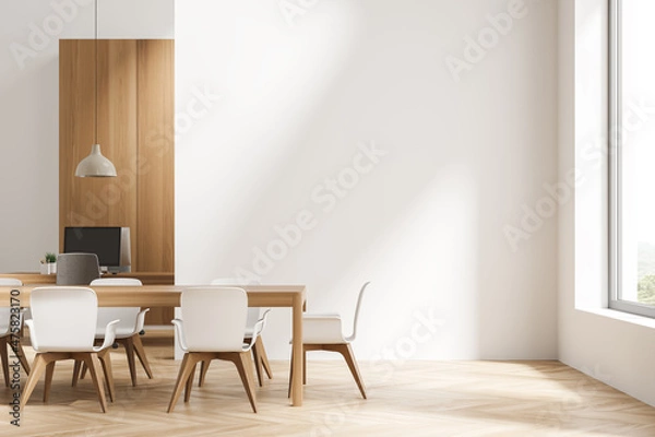 Fototapeta Bright office room interior with empty white wall, two desktops