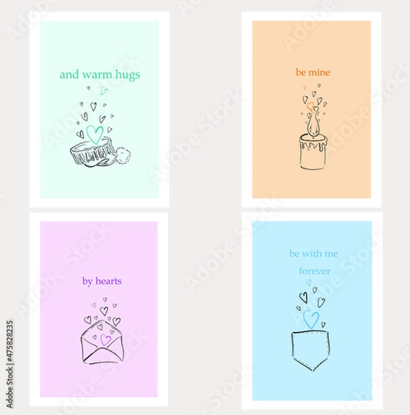 Obraz Set of vector cards for Valentine's Day. St. Valentine's Day. Congratulations to the lovers. 4 postcards with short inscriptions. Minimalism.