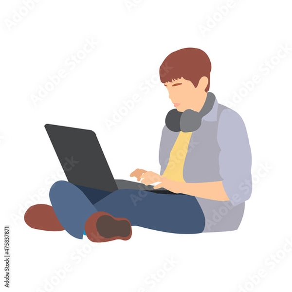 Obraz illustration flat boy student working with computer